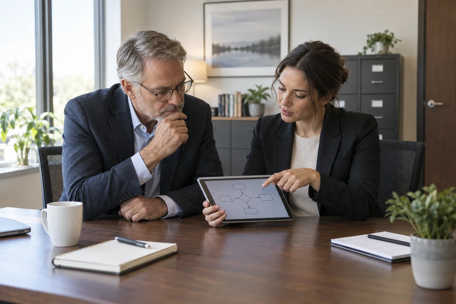 Two professional-practice leaders review an operational workflow.